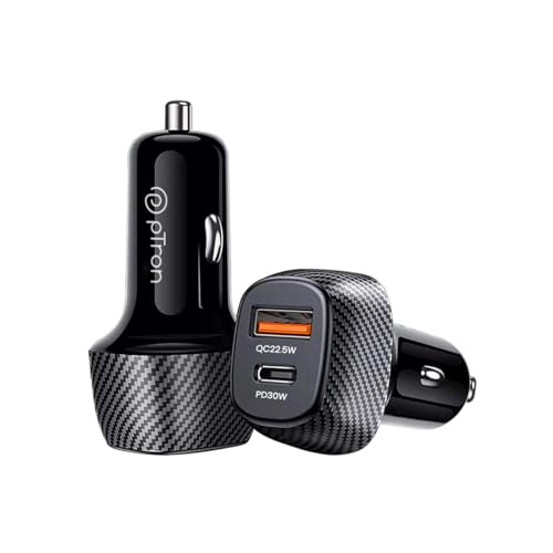 PTron Bullet Zip Mini 52.5W Car Charger With Dual Output, Super Fast Charging Compatible With Samsung, Xiaomi, Apple, MacBook, IPad, Oppo, Vivo, OnePlus, 30W Type-C/PD & 22.5W USB QC 3.0A (Black) For Rs. 349 @ 81 %