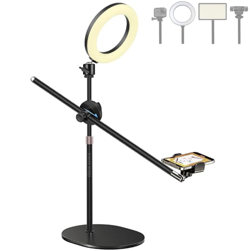 BROLAVIYA Overhead Video Floor Stand, with 6-inch Ring Light, Premium Metal Body, 1/4" Head for Webcam,Gopro, Mobile Bracket for YouTube, TikTok, Study lamp, Desktop,Cooking and Recording.