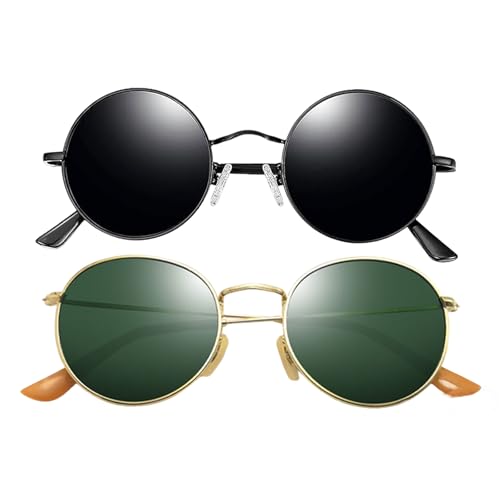 Joopin Black Round & Green Circle Sunglasses Bundle, Hippie Metal Circular Shades for Men Women Polarized UV Protection Sun Glasses Driving Sunnies