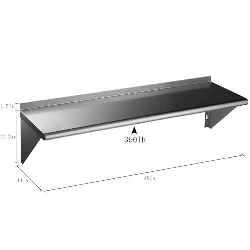 Image of ROCKPOINT Stainless Steel Shelf 14 x 48 Inches 350lb, NSF Metal Commercial Shelves Wall Mount Floating Shelving with Backsplash for Restaurant, Kitchen, Home and Hotel, Silver