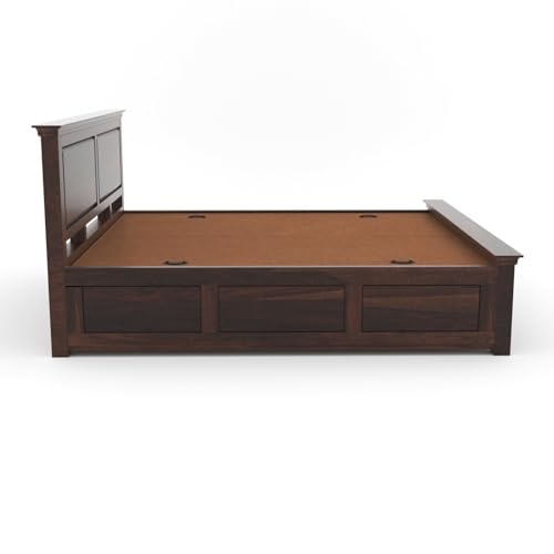 Image of Sheesham Wood Queen Size Bed with Storage Box | Wooden Box Bed Queen Size Double Cot Bed with Storage for Bedroom | Premium 2 Dalla Design Headboard Bed for Living Room | Walnut Finish