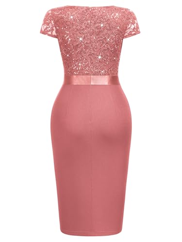 Image of Miusol Women's Elegant Square Neck Glitter Sequin Lace Cocktail Dress | Sparkly sequin lace, bodycon fit, chic ruffle, women dress perfect for wedding guest, cocktail and semi formal events
