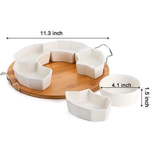 ZENFUN Serving Tray and Platter, 11'' Divided Dip Bowls with Bamboo Tray, 6-Compartment Removable Appetizer Snack Bowls, Round Sectional Serving Platter for Chips and Dip, Fruits, Condiment
