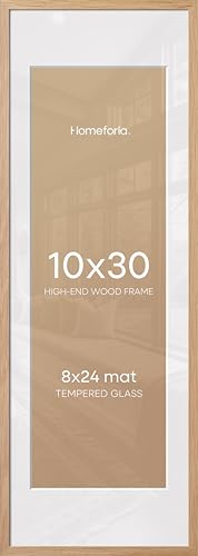 Image of Homeforia 10x30 Wood Frame, High End Natural Oak 10x30 Light Wooden Picture Frame with Mat 8x24, 10 x 30 Poster Frames Matted to 8 by 24 Print, 30x10 Hanging Frames, Tempered Glass, Wall Kit, Set of 1