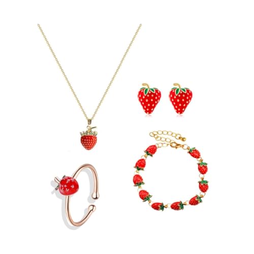 Strawberry Jewelry Set Necklace Earrings Bracelet Ring for Women Costume