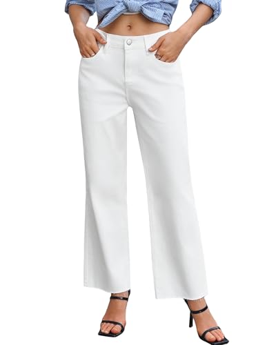 High Waist Straight Leg Jeans for Women Stretch Soft Ankle Denim Pants Hem with Cutting White Coffee Tan Trendy