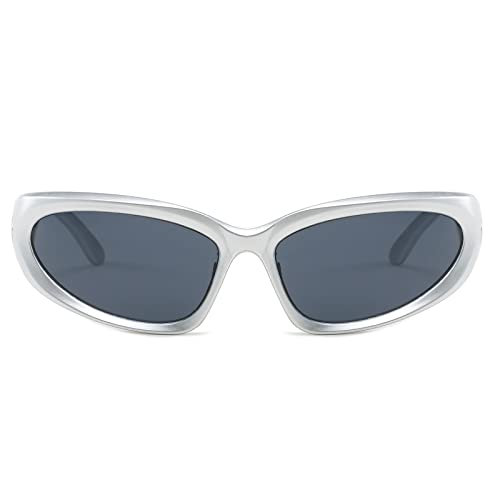 YUELUQU Y2K Wrap Around Sunglasses Men's Women's Futuristic Outdoor Sports Sunshade UV400 Glasses (Silver Frame/Grey Lens) - Image 2