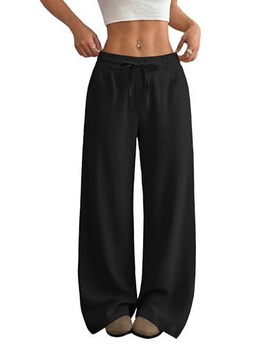 Image of SEMARO Womens Casual Linen Wide Leg Pants Flowy Drawstring High Waist Palazzo Beach Vacation Trousers