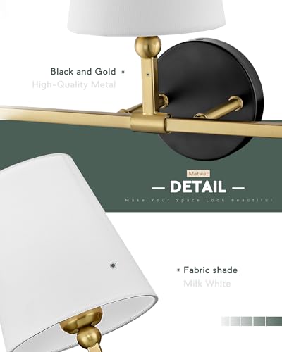 Image of Bathroom Light Fixtures, Black and Gold Vanity Lights with Flared White Fabric Shade, 3-Light Wall Sconce, Modern Sconces Wall Lighting for Hallway Bedroom, VL837-KG-3