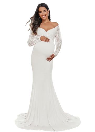 Robe de maternité en dentelle longue ajustée col en V pour baby shower