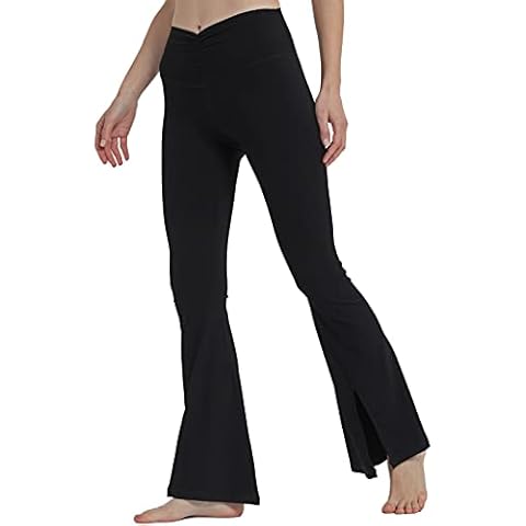 sissycos Women's High Waisted Ruched Slit Flared Leggings Bootcut Tummy Control Wide Leg Gym Workout Yoga Pants 31.5" (Small, Black) Cover