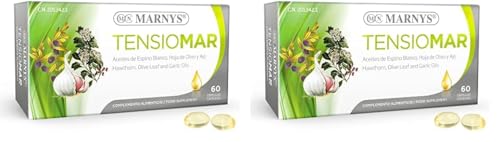 Tensiomar MARNYS, Para la tensión arterial, Favorece la Normal Función del Corazón, Cápsulas de Aceite de Espino Blanco, Olivo y Ajo, 60 Cápsulas (Paquete de 2)