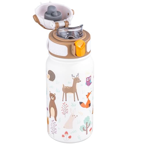 OLDLEY Botella de Agua Aislada para Niños 350ml/12oz, Termo de Acero Inoxidable, Doble Pared, Antifugas, Bonito, Pequeño, con Asa, Mantiene Bebidas Frías o Calientes para Niños, Niñas y Pequeños.