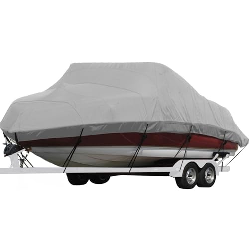Seamander Waterproof Boat Cover, Solution-Dyed Yarn Marine Grade Cover Fits 23' to 24' ft Bass, V-Hull, Tri-Hull, Fish & Ski, Runabout Bowrider Boats - Heavy Duty Canvas Gray