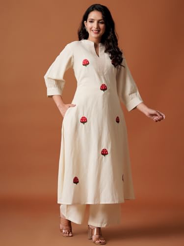 Image of INDO ERA Women's's Pure Cotton Embroidered Kurta Women | Floral Neck & Hem Embroidery | Cotton Kurta Women |