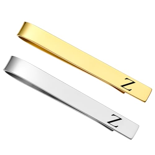Image of GWD Stainless Steel Tie Clips for Men Personalized Initial Tie Bar Set | 2 Pcs Classic Letter Tie Clips for Men, Silver and 14K Gold Plated Tone