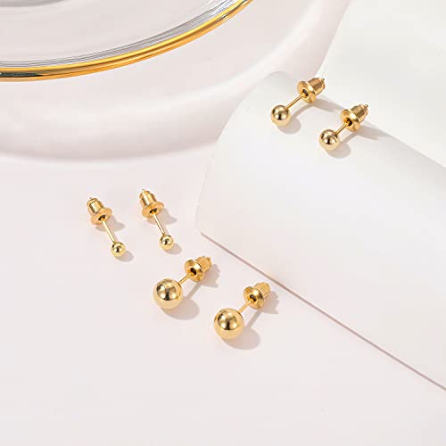 3 Pairs 14K Yellow Gold Plated Round Ball Stud Earrings For Women, Gold Plated Post Earrings For Girls 3Mm 4Mm And 6Mm #TOP7