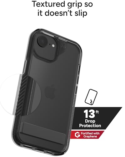 Image of ZAGG Santa Cruz Case with Kickstand for iPhone 17e / 16e / 15 /14 / 13 - 13ft Drop Protection, Graphene Reinforced, Slim Transparent Case, Anti-Scratch Finish, Wireless Charging Compatible, Black
