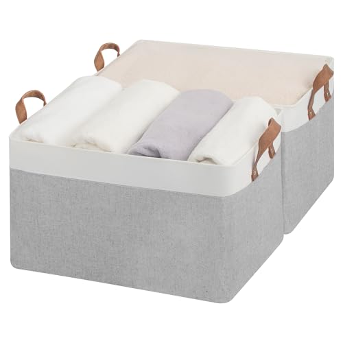 StorageWorks Storage Bins, Fabric Storage Bins for Shelves, Extra Large Storage Baskets with Metal Frame, Closet Baskets and Bins with Handles, Jumbo, Gray and White, 2-Pack