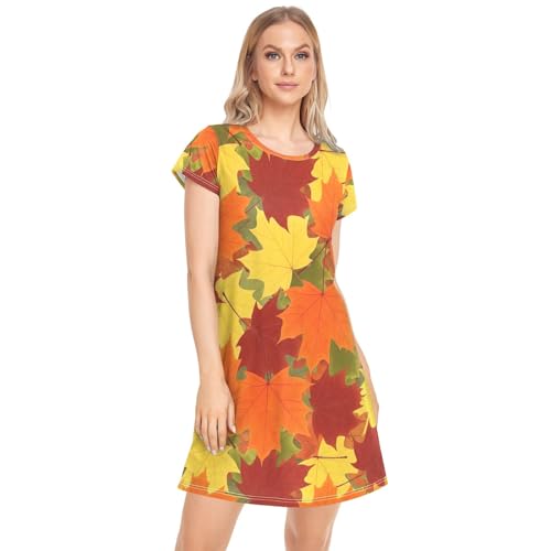 CHIFIGNO Camisones de manga corta para mujer, camisones de pijama suaves, vestido de otoño con hojas de arce, camisones naranjas para mujer, Hojas de arce otoñales naranja, M