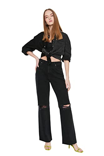 TRENDYOL Damen Trendyol Ripped Detailed High Waist Wide Leg Jeans, Schwarz,...