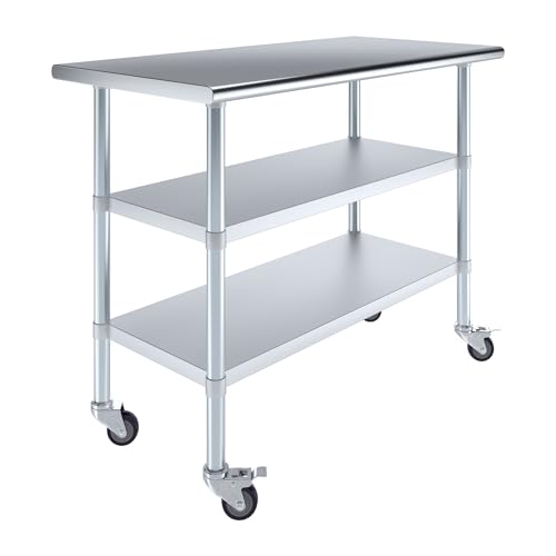 Image of AmGood Stainless Steel Work Table with 2 Shelves and Casters | Metal Utility Table On Wheels (Stainless Steel Work Table with 2 Shelves + Casters, 48 inch Long x 24 inch Deep)