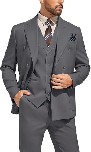 Men's 3 Piece Suits Slim Fit Double Breatsed Suit for Men Solid Blazer Jacket Vest Pants Tuxedo Set