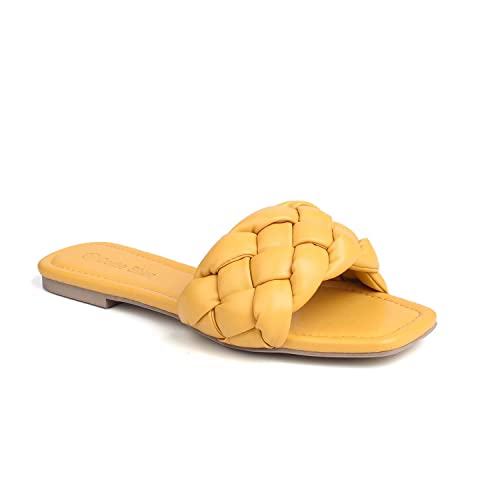 ComeShun Flache Damen-Sandalen, geflochtene Zehenpartie, zum Reinschlüpfen, offene Zehenpartie, zum Reinschlüpfen, gelb, 39 EU Cover