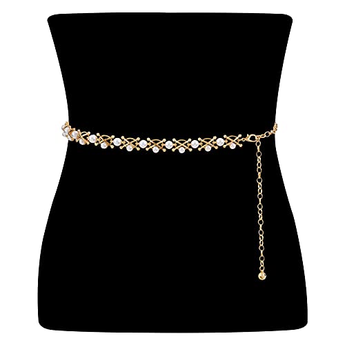WHIPPY Metal Waist Chain Women Adjustable Body Link Pearl Belts Fashion Belly Jewelry for Jeans Dresses Gold