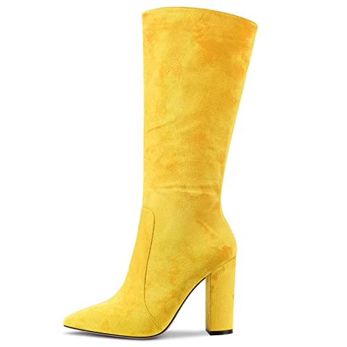 Aachcol Women Ankle Boots Short Bootie Mid Calf Close Pointed Toe Chunky Block High Heel Dress Shoes Suede Zipper Sexy 4 Inch3