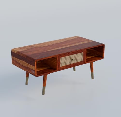 Image of DRIFTINGWOOD Amber Solid Sheesham Wood Coffee Table with Rattan Drawer | Mid-Century Center Table for Living Room with Open Storage | Honey Finish