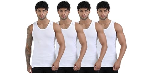 Image of Crystal Men's Super Combed Rib Cotton Round Neck Sleeveless Vest | Long Enough to Tuck in | Pack of 4
