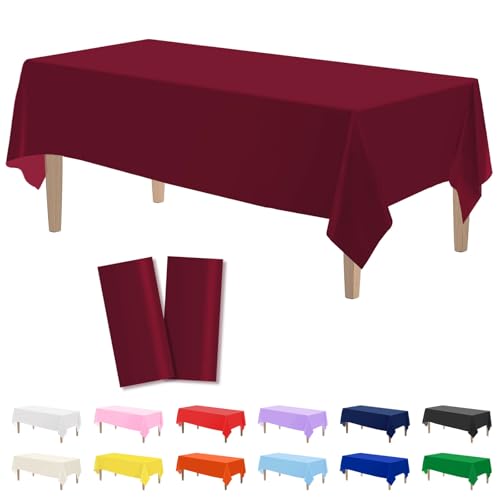 Image of Kopokita 2 Pack Burgundy Plastic Tablecloths Disposable 54 x 108 Inch