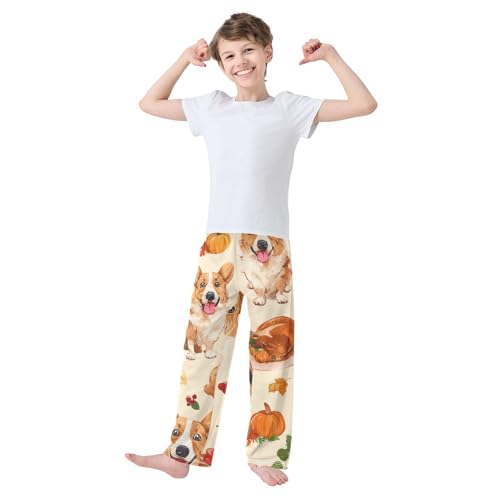 Thanksgiving Day Corgi Dog Boys Long Pants Soft Trousers Elastic Waist Kids Lounge Bottoms with Pockets S-XL3