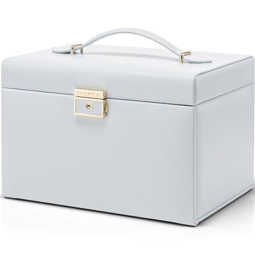 Vlando Velvet Jewelry Organizer Box for Women, Large Leather Jewelry Storage Box with Locked, Mirrored, 3 Drawer for Watch Necklace Ring Earring Storage, Gift for Girl Women and Mom - Light