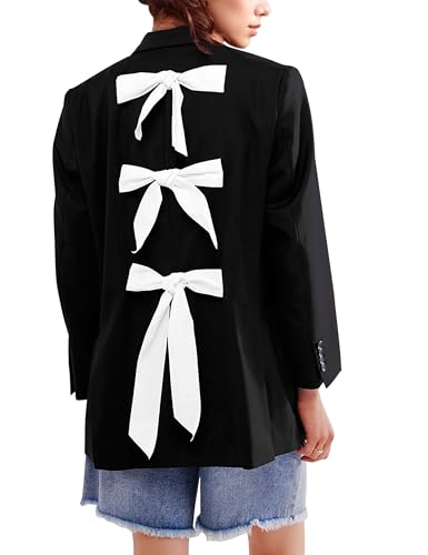 Women Casual Oversized Blazers Bow Tie Blazer Suit Lapel Open Front Office Blazer Jacket Button Down Work Cardigan Black