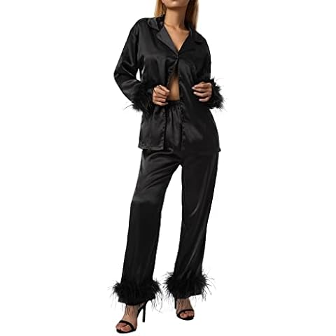 Women Sleepwear Pajamas Set Long Sleeve Tie-Up Button-Down Lapel Collar Tops High Waist Straight-Leg Feather Decoration Pants Adults Party Club Elegant Loungewear Outfits (Black , M ) Cover