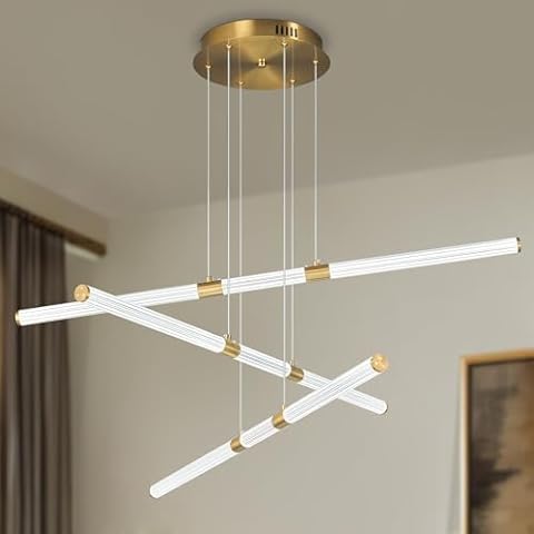BNHHLZ Gold LED Chandelier for Dining Room Adjustable Height Linear Modern Chandelier Light Fixtures for Kitchen Living Room Bedroom Restaurant Office(3-Lights) Cover