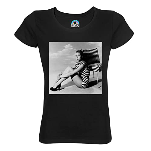 Taglio aderente T-Shirt Donna Girocollo Cotone Biologico Elizabeth Montgomery Celebrità Cinema Attrice Film, Nero , XS