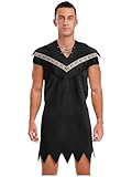 JEYPINMI Halloween Mens Costume Caveman Adult Barney Rubble Couple Vintage Brown Suede Tunic Cosplay Outfit Black 3X-Large