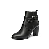 WAYDERNS Women's Dating Matte Adjustable Strap Solid Block 3.3 Inch Buckle Ankle High Round Toe High Heel Fashion Boots Black Size 9 - Tacones Altos