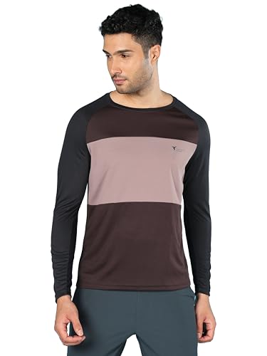 Image of TECHNOSPORT Men's Slim Fit Polyester Color Block Athleisure Crew Neck T-Shirt with Full Sleeve, Moisture Wicking and Quick Dry