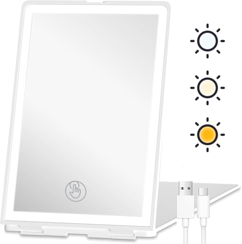 Furkoazki Rechargeable Makeup Mirror with 72 LED Lights - Tabletop Folding Mirrors with 3 Colours Lighting Dimmable Touch Control Screen Portable White Cosmetic Mirror for Bedroom Vanity Travel