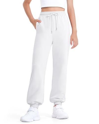 BOOPH Girls Sweatpants Kids Cotton Drawstring Joggers Athletic Pants with Pockets for Teen Girls White 11-12 Years