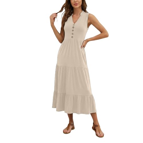 Robe longue plissée sans manches à col en V chic et boutonnée pour femme