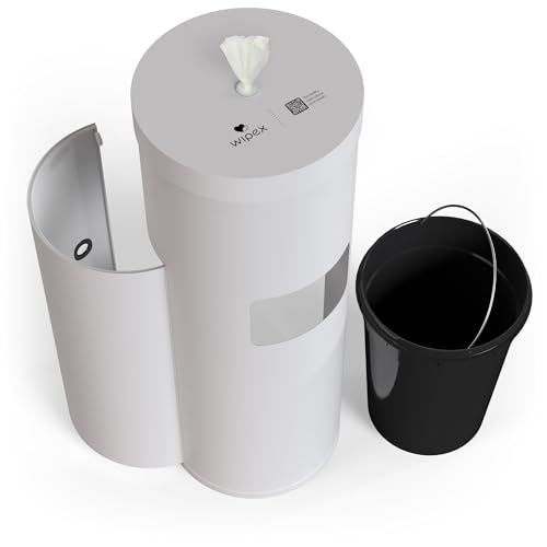 Image of Wipex White Wet Wipe Dispenser with Trash Bin: Durable Steel & Premium Silicone Port, Floor Stand for Gym Wipes - Fits Sanitizing Refill Rolls, Perfect for Schools, Fitness, & Public Facilities