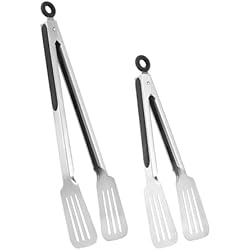 Lebabo Metal Tongs for Cooking, Set of 2 Stainless Steel Spatula Tongs for Grilling, Cooking and Flipping, Strong Grip for Ribs, Steak and Fish, Comfortable Grip, Easy Pull Lock, 9 inch & 12 inch