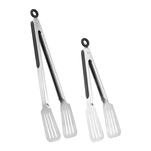 Lebabo Metal Tongs for Cooking, Set of 2 Stainless Steel Spatula Tongs for Grilling, Cooking and Flipping, Strong Grip for Ribs, Steak and Fish, Comfortable Grip, Easy Pull Lock, 9 inch & 12 inch by Lebabo - Used condition - US$11.55