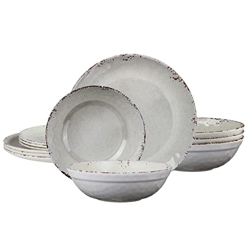 Vintage Rustic Melamine Dinnerware Set-12Pcs Unbreakable Farmhouse Melamine Plates And Bowls Set For 4, Indoor And Outdoor Dishes Sets Casual Dish Set For Camping，Dishwasher Safe (Ivory） #TOP29