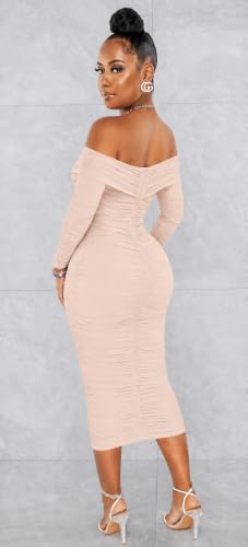Image of Fooullaide Women's Sexy Off Shoulder Sleeveless Bodycon Ruched Midi Dress